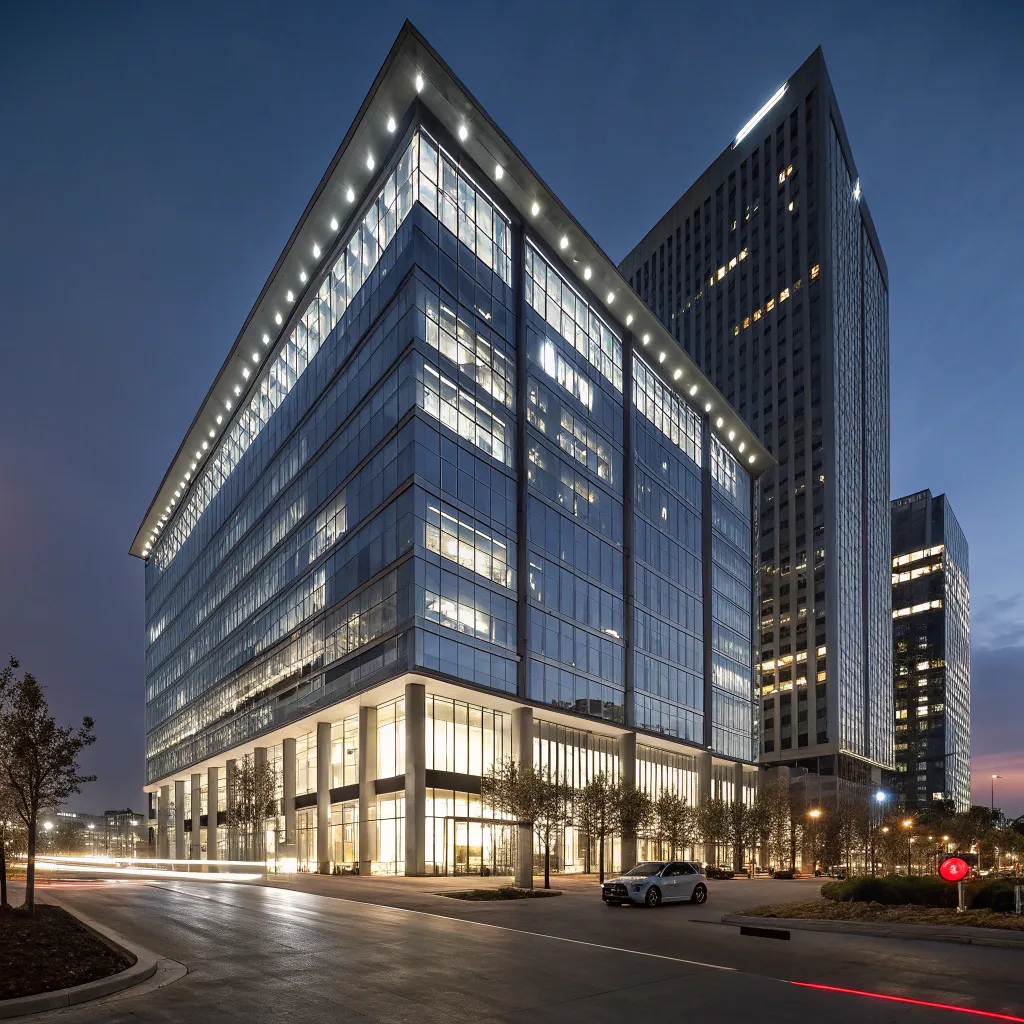 An illustration of luxury office building at night